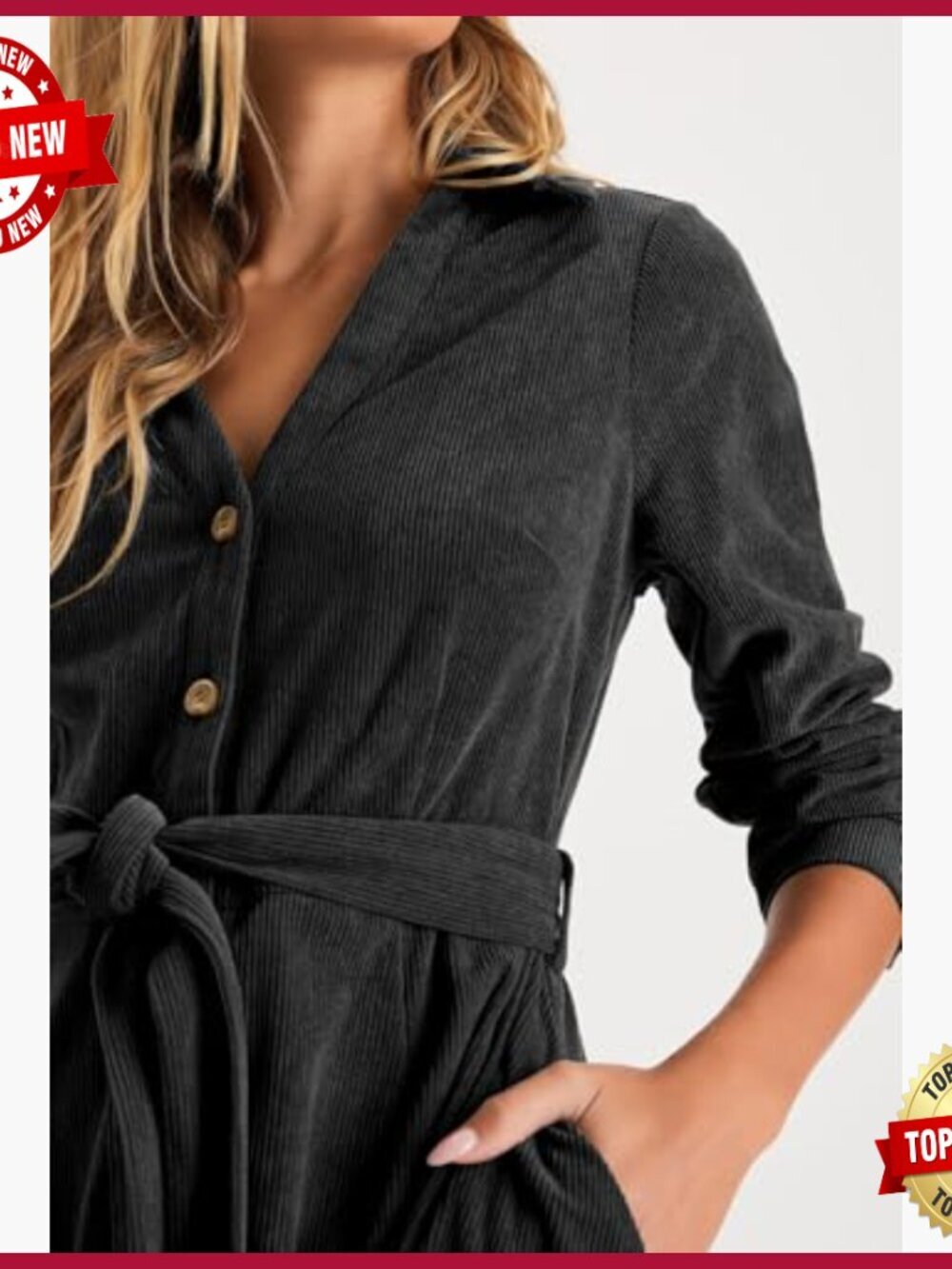 Corduroy Midi Dress with Pockets V Neck Button Down Belted Flowy Long Sleeve - Picture 4 of 6